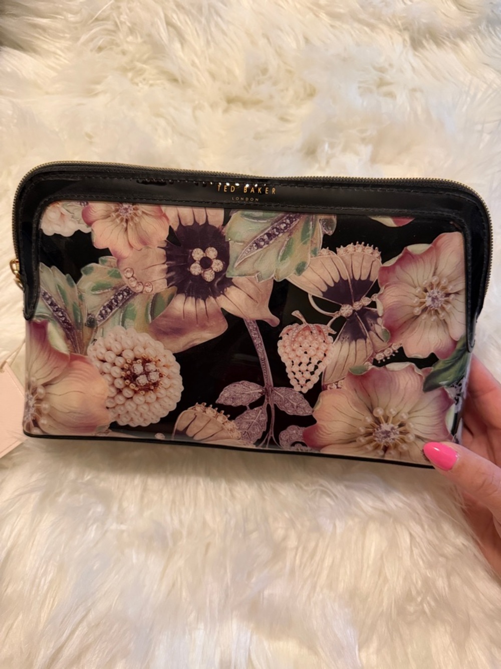 Ted Baker Black Floral Cosmetic Pouch with Pink Accents